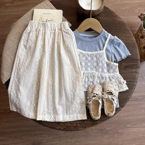 [363981] - One Set 2in1 Baju Setelan Atasan Lengan Pendek Bawahan Panjang Kulot Korean Style Fashion Anak Cewek Perempuan - Motif Lace Pants - BABYHOKI STORE