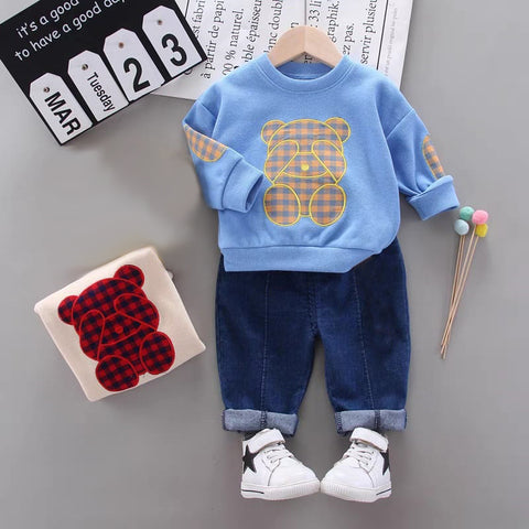 [364137] - Baju Setelan Atasan Sweater Bawahan Celana Panjang Denim Anak Laki Laki - Motif Tartan Bear