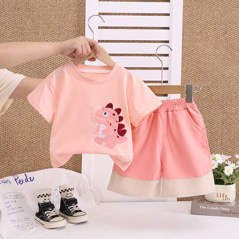 [368570] - One Set 2in1 Baju Setelan Atasan Kaos Lengan Pendek Bawahan Celana Pendek Fashionable Summer Outfit Anak Perempuan Cewek - Motif Animal Dino - BABYHOKI STORE