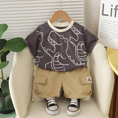 [368571] - One Set 2in1 Baju Setelan Atasan Kaos Lengan Pendek Bawahan Celana Pendek Fashionable Summer Outfit Anak Laki Laki Cowok - Motif Animal Dino - BABYHOKI STORE