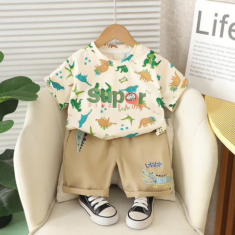 [368573] - One Set 2in1 Baju Setelan Atasan Kaos Lengan Pendek Bawahan Celana Pendek Fashion Summer Anak Laki Laki Cowok - Motif Animals Dino - BABYHOKI STORE
