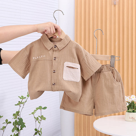 [368574] - Baju Setelan Atasan Kemeja Lengan Pendek Bawahan Celana Pendek Fashion Casual Summer Anak Laki Laki Cowok - Motif Soft Solid Color Brown