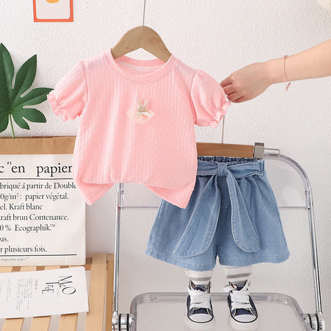[368579] - One Set 2in1  Baju Setelan Atasan Lengan Pendek Bawahan Celana Pendek Fashion Comfortable Anak Perempuan Cewek - Motif Cute 3D Accents - BABYHOKI STORE