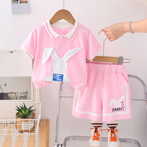 [368582] - Baju Setelan Atasan Polo Lengan Pendek Bawahan Celana Pendek Fashion Sporty Summer Anak Perempuan Cewek - Motif Cute Rabbit