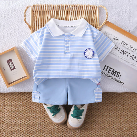 [368584] - One Set 2in1 Baju Setelan Atasan Polo Lengan Pendek Bawahan Celana Pendek Comfortable Casual Fashion Anak Laki Laki Cowok - Motif Color Stripe - BABYHOKI STORE