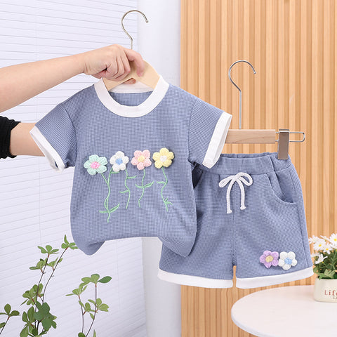 [368585] - One Set 2in1 Baju Setelan Atasan Kaos Lengan Pendek Bawahan Celana Pendek Comfortable Summer Fashion Anak Perempuan Cewek - Motif Cute 3d Flower - BABYHOKI STORE