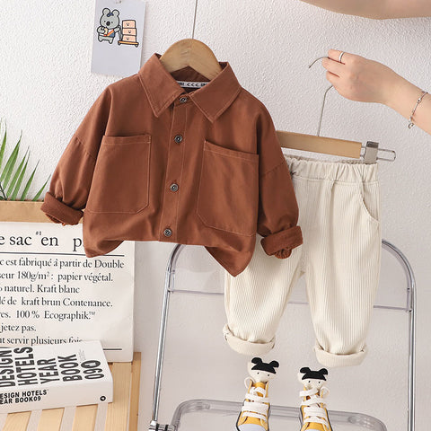 [368588] - One Set 2in1  Baju Setelan Atasan Kemeja Lengan Panjang Bawahan Celana Panjang Corduroy Casual Fashion Anak Laki Laki Cowok - Motif Top Brown Solid Color - BABYHOKI STORE - BABYHOKI STORE