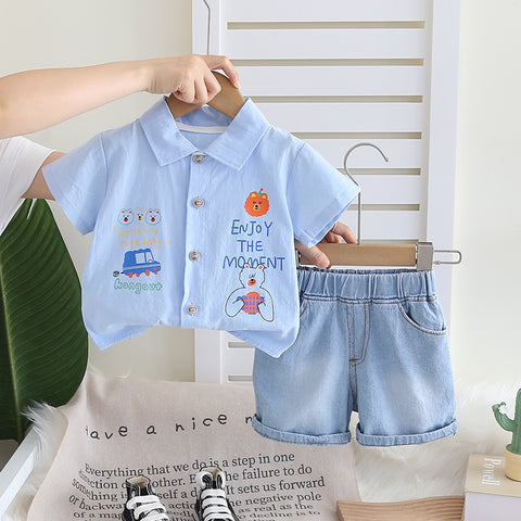 [368590] - One Set 2in1 Baju Setelan Atasan Kemeja Lengan Pendek Bawahan Celana Pendek Jeans Comfortable Fashion Anak Laki Laki Cowok - Motif Animals Cars - BABYHOKI STORE