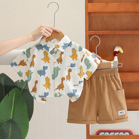 [368592] - One Set 2in1 Baju Setelan Atasan Kemeja Lengan Pendek Bawahan Celana Pendek Comfortable Fashion Anak Laki Laki Cowok - Motif Animals Dino - BABYHOKI STORE
