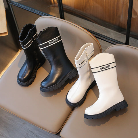 [381281 Size 26-35] - Sepatu High Boots Leathers Princess Shoes Fashion Anak Perempuan Cewek - Motif Writing Stripe - BABYHOKI STORE