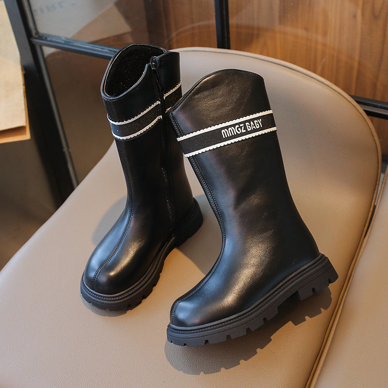 [381281 Size 26-35] - Sepatu High Boots Leathers Princess Shoes Fashion Anak Perempuan Cewek - Motif Writing Stripe - BABYHOKI STORE