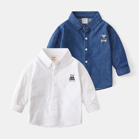 [383206] - Baju Atasan Kemeja Lengan Panjang Anak Laki-Laki Cowok  - Motif Minimalist Bear Patch - BABYHOKI STORE