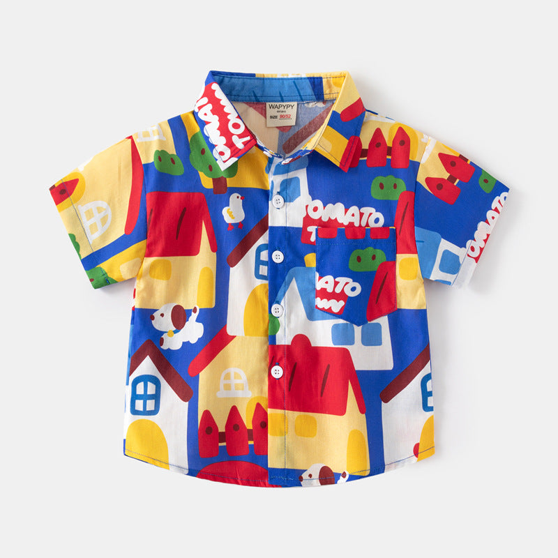 [383208] - Atasan Baju Kemeja Lengan Pendek Anak Laki-Laki - Motif Mix Abstract Nature Animal
