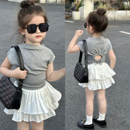 [5071006] - Setelan Baju Backless Bawahan Rok Mini Fashion Import Anak Perempuan - Motif Smooth Casual