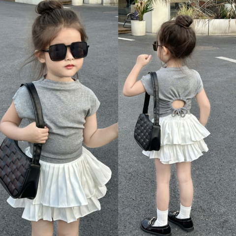 [5071006] - Setelan Baju Backless Bawahan Rok Mini Fashion Anak Perempuan - Motif Smooth Casual