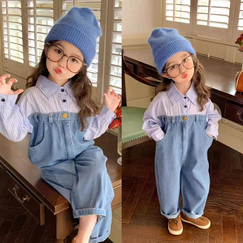 [5071025] - Setelan Baju Jumpsuit Lengan Panjang Bawahan Jeans Fashion Anak Perempuan - Motif High Line