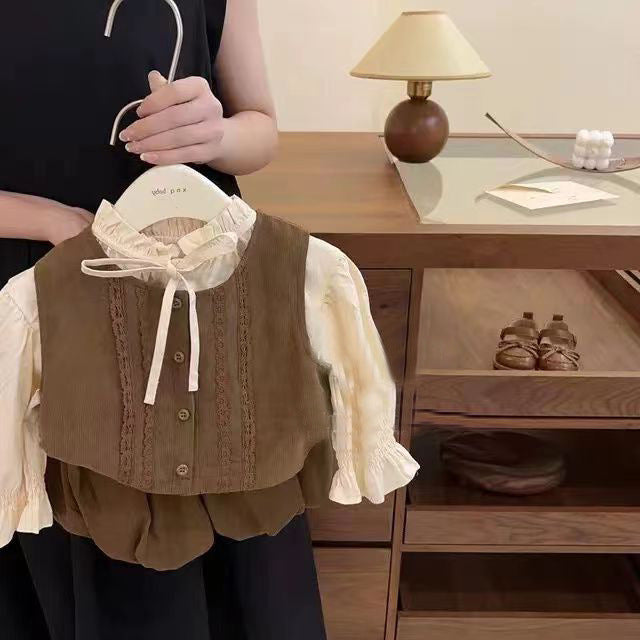 [5071027] - Setelan Baju 3 In 1 Rompi Blouse Lengan Panjang Celana Pendek Fashion Import Anak Perempuan - Motif Plain Casual