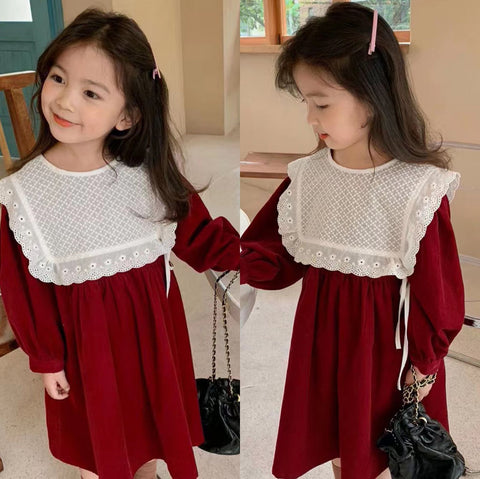 [5071028] - Baju Dress Lengan Panjang Fashion Anak Perempuan - Motif Lace Neck