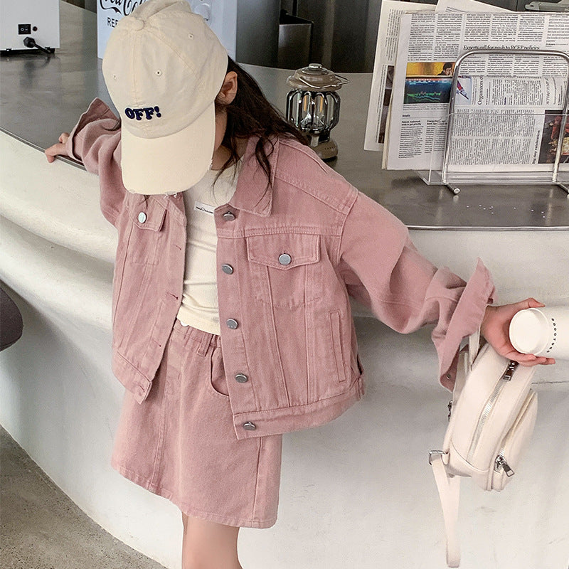 [5071029] - Setelan Baju Jaket Lengan Panjang Bawahan Rok Pendek Jeans Fashion Anak Perempuan - Motif Button Line