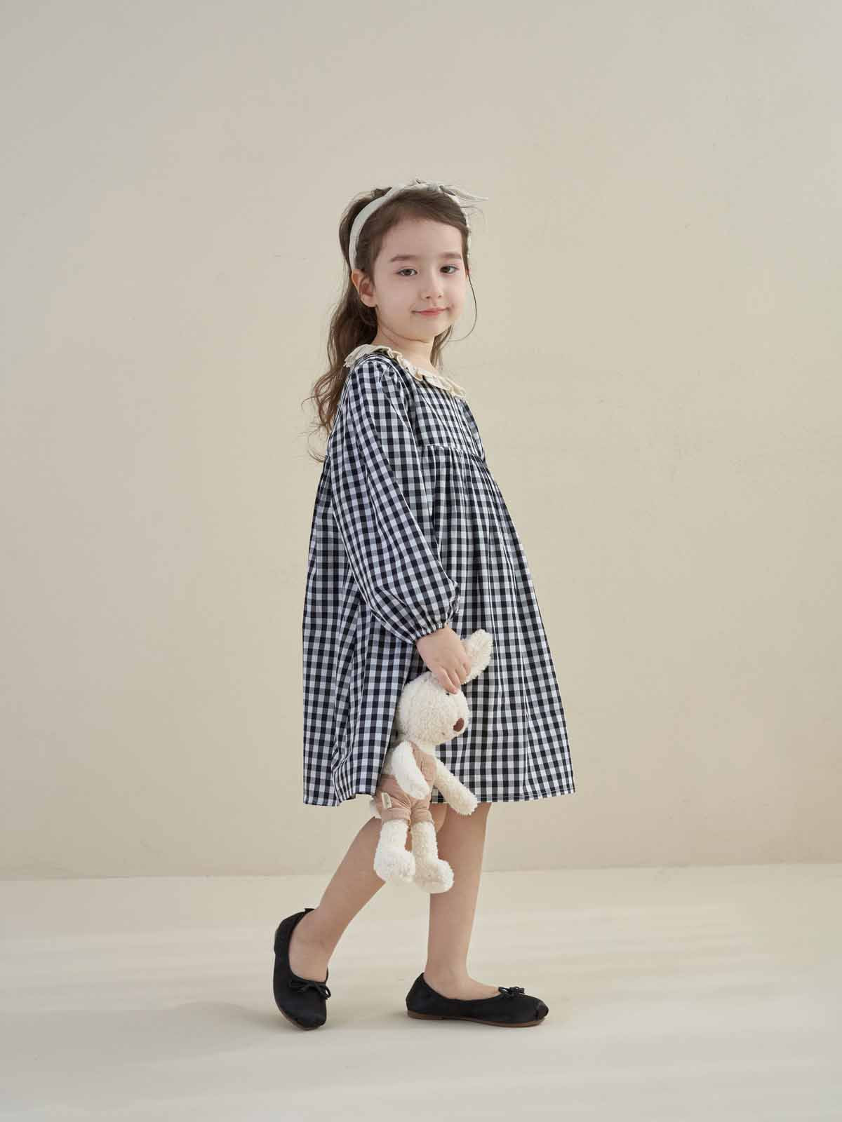 [5071052] - Baju Dress Lengan Panjang Fashion Anak Perempuan - Motif Gingham Plaid