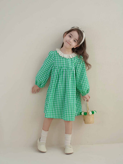 [5071052] - Baju Dress Lengan Panjang Fashion Anak Perempuan - Motif Gingham Plaid