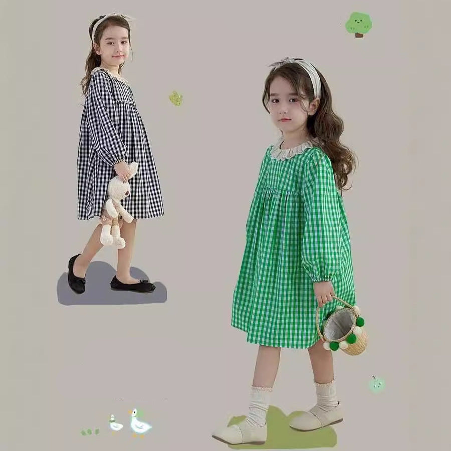 [5071052] - Baju Dress Lengan Panjang Fashion Anak Perempuan - Motif Gingham Plaid