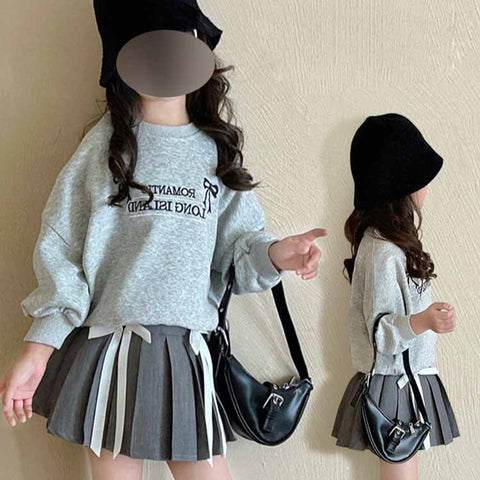 [5071056] - Setelan Baju Sweater Bawahan Rok Pendek Fashion Anak Perempuan - Motif Letter Ribbon