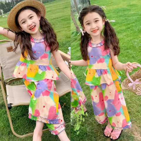 [5071057] - Setelan Baju Kutung Celana Panjang Santai Fashion Anak Perempuan - Motif Colorful Flower