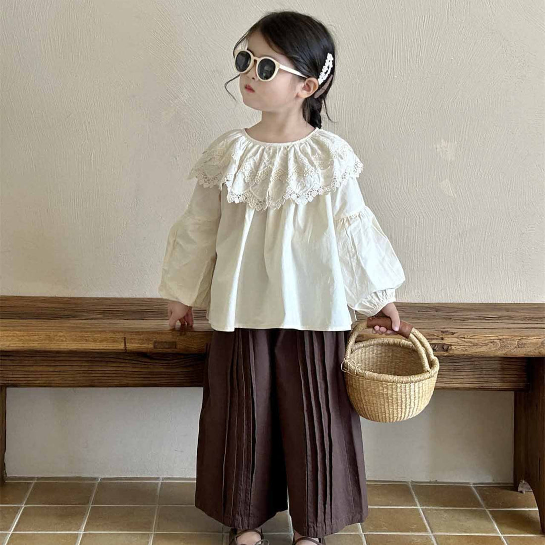 [5071067] - Setelan Baju Blouse Lengan Panjang Celana Panjang Fashion Anak Perempuan - Motif Plain Lace