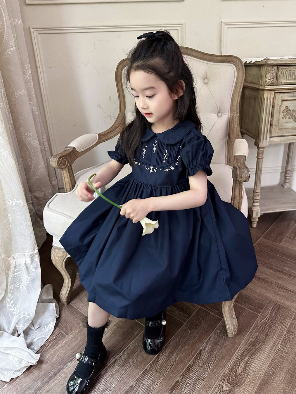 [5071074] - Baju Dress Gaun Vintage Lengan Pendek Fashion Anak Perempuan Cewek - Motif Colour Basic Navy - BABYHOKI STORE