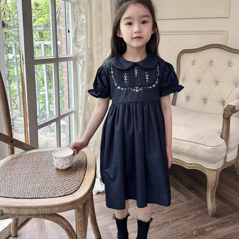 [5071074] - Baju Dress Gaun Vintage Lengan Pendek Fashion Anak Perempuan Cewek - Motif Colour Basic Navy - BABYHOKI STORE