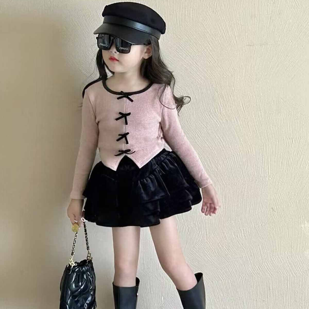 [5071075] - One Set 2in1 Baju Setelan Atasan Pink Lengan Panjang Bawahan Celana Rok Pendek Mini Fashion Anak Perempuan Cewek - Motif Bow - BABYHOKI STORE