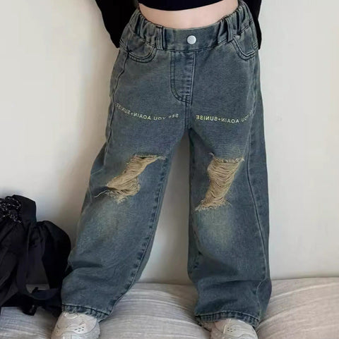 [5071076] - Bawahan Celana Panjang Kulot Jeans Sobek Fashion Anak Perempuan Cewek - Motif Retro Denim - BABYHOKI STORE