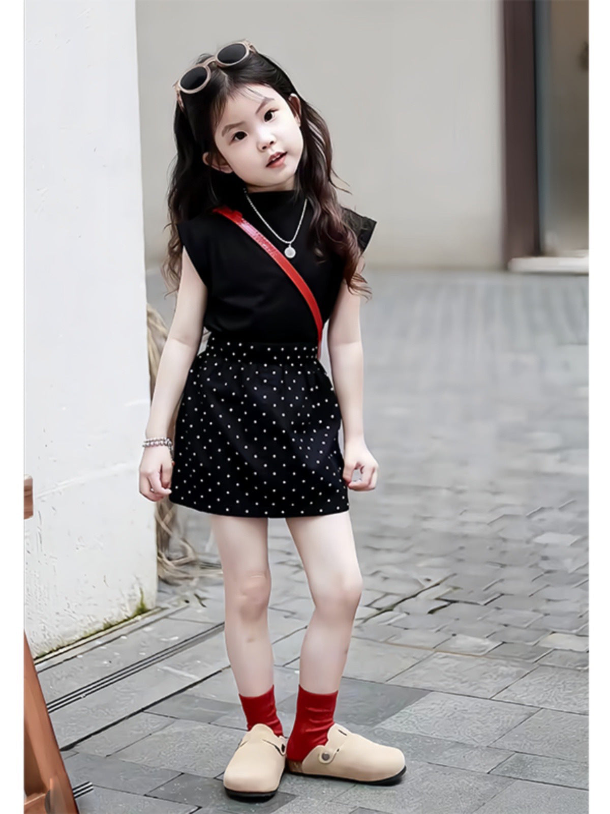 [5071077] - One Set 2in1 Baju Setelan Atasan Hitam Lengan Kutung Bawahan Celana Rok Pendek Fashion Anak Perempuan Cewek - Motif Polka Basic Colour Black - BABYHOKI STORE