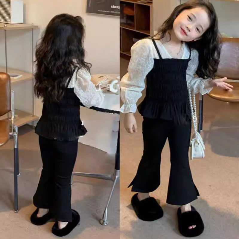 [5071078] - One Set 2in1 Baju Setelan Atasan Lengan Panjang Bawahan Celana Panjang Hitam Fashion Anak Perempuan Cewek - Motif Ruffled Black - BABYHOKI STORE