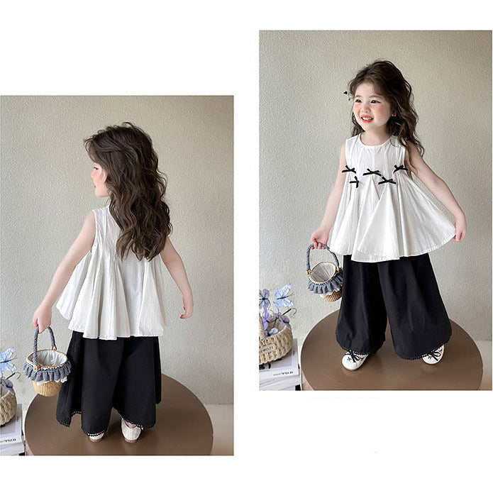 [5071079] - Baju Setelan Atasan Putih Lengan Kutung Bawahan Celana Panjang Hitam Fashion Anak Perempuan Cewek - Motif Black Bow - BABYHOKI STORE