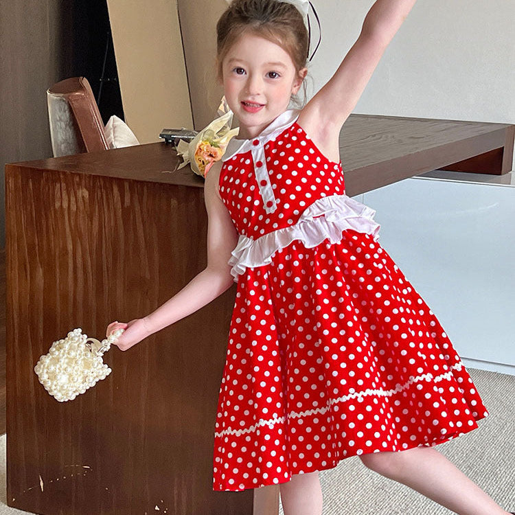 [5071081] - Baju Dress Summer Gaun Lengan Kutung Fashion Anak Perempuan Cewek - Motif Polka Basic Colour Red - BABYHOKI STORE