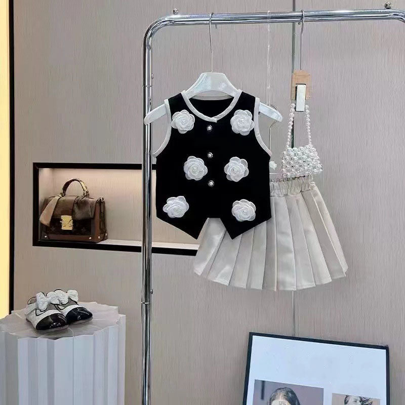 [5071082] - One Set 2in1 Baju Setelan Atasan Rompi Lengan Kutung Bawahan Celana Rok Pendek Plisket Fashion Anak Perempuan Cewek - Motif Floral 3D - BABYHOKI STORE