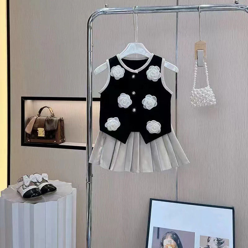 [5071082] - One Set 2in1 Baju Setelan Atasan Rompi Lengan Kutung Bawahan Celana Rok Pendek Plisket Fashion Anak Perempuan Cewek - Motif Floral 3D - BABYHOKI STORE