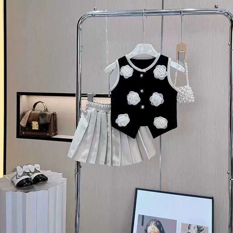 [5071082] - One Set 2in1 Baju Setelan Atasan Rompi Lengan Kutung Bawahan Celana Rok Pendek Plisket Fashion Anak Perempuan Cewek - Motif Floral 3D - BABYHOKI STORE