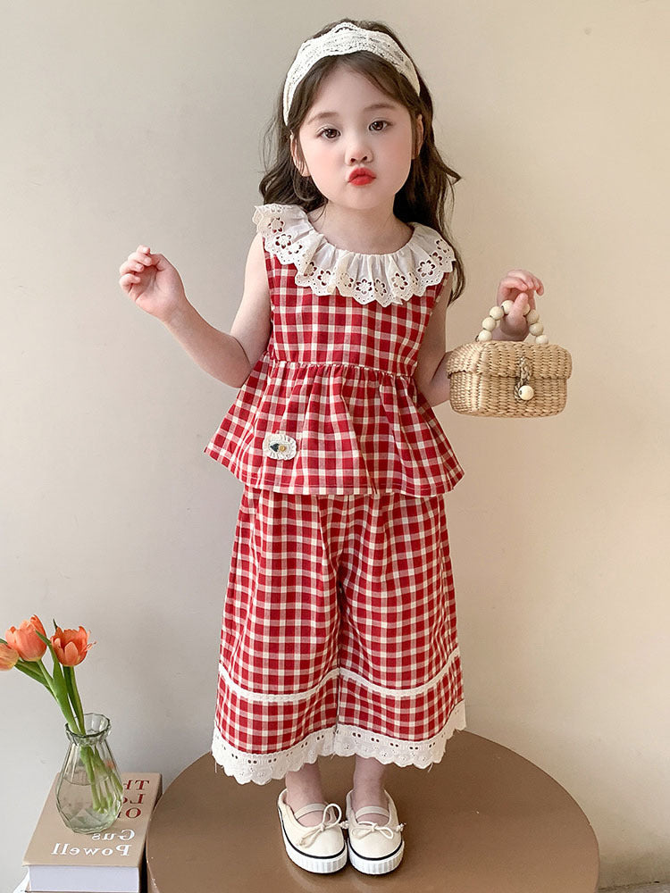 [5071083] - One Set 2in1 Baju Setelan Atasan Renda Lengan Kutung Bawahan Celana Panjang Berenda Fashion Anak Perempuan Cewek - Motif Plaid With Lace - BABYHOKI STORE