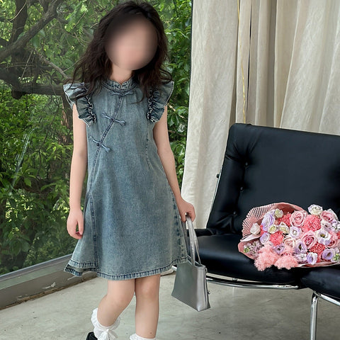 [5071086] - Baju Dress Gaun Cheongsam Lengan Kutung Jeans Fashion Anak Perempuan Cewek - Motif Ruffled Shoulder - BABYHOKI STORE