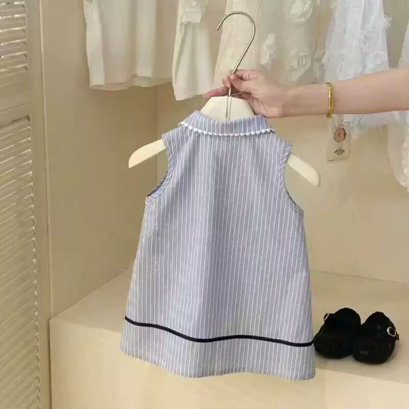 [5071087] - Baju Dress Gaun Berkerah Lengan Kutung Jeans Fashion Anak Perempuan Cewek - Motif Striped - BABYHOKI STORE