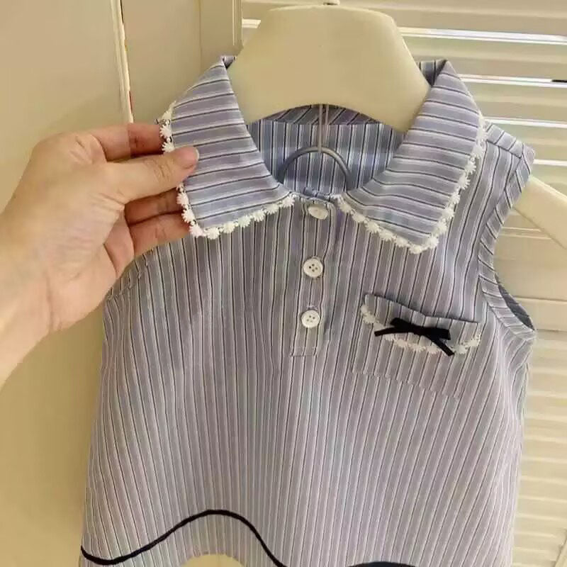 [5071087] - Baju Dress Gaun Berkerah Lengan Kutung Jeans Fashion Anak Perempuan Cewek - Motif Striped - BABYHOKI STORE