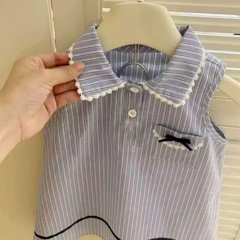 [5071087] - Baju Dress Gaun Berkerah Lengan Kutung Jeans Fashion Anak Perempuan Cewek - Motif Striped - BABYHOKI STORE