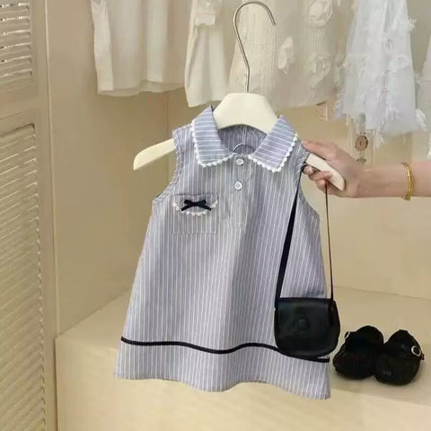 [5071087] - Baju Dress Gaun Berkerah Lengan Kutung Jeans Fashion Anak Perempuan Cewek - Motif Striped - BABYHOKI STORE