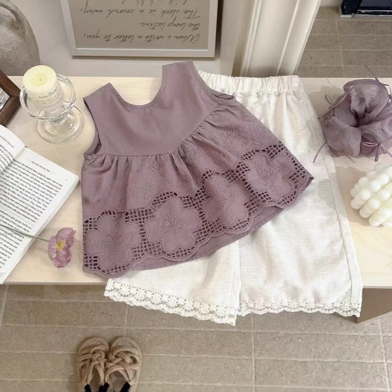 [5071089] - One Set 2in1 Baju Setelan Atasan Purple Katbol Lengan Kutung Bawahan Celana Panjang Kulot Berenda Fashion Anak Perempuan Cewek - Motif Top Purple Katbol - BABYHOKI STORE