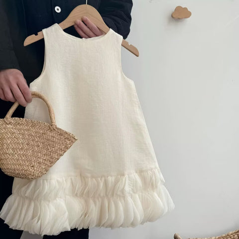 [5071093] - Baju Dress Gaun Pesta Lengan Kutung Fashion Anak Perempuan Cewek - Motif Cream Ruffle Bottom - BABYHOKI STORE