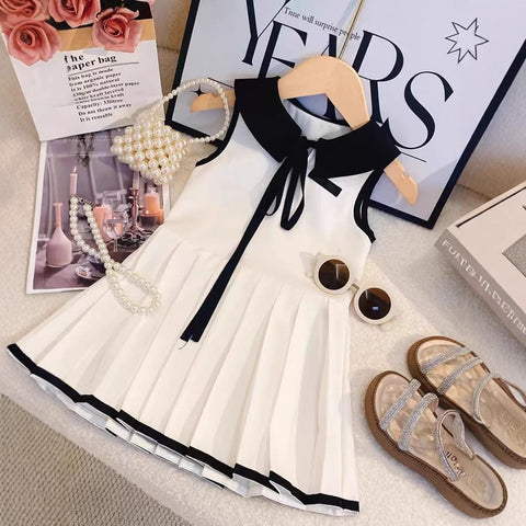 [5071095] - Baju Dress Sporty Lengan Kutung Fashion Anak Perempuan Cewek - Motif Basic Colour White Stripe Black - BABYHOKI STORE