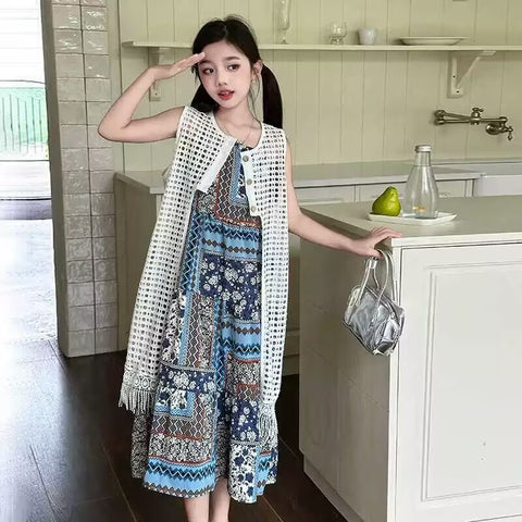 [5071097] - One Set 2in1 Baju Setelan Dress Summer Lengan Kutung Vest Kutung Rumbai Fashion Anak Perempuan Cewek - Motif Ethnic Style - BABYHOKI STORE